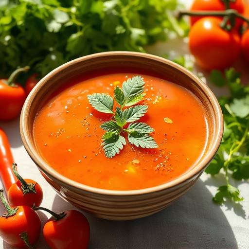 Gazpacho andaluz servido en un cuenco de cer&aacute;mica con guarnici&oacute;n de verduras frescas