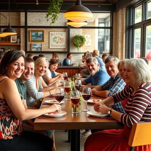 Un grupo diverso de personas disfrutando de una comida en un restaurante accesible, resaltando la inclusi&oacute;n