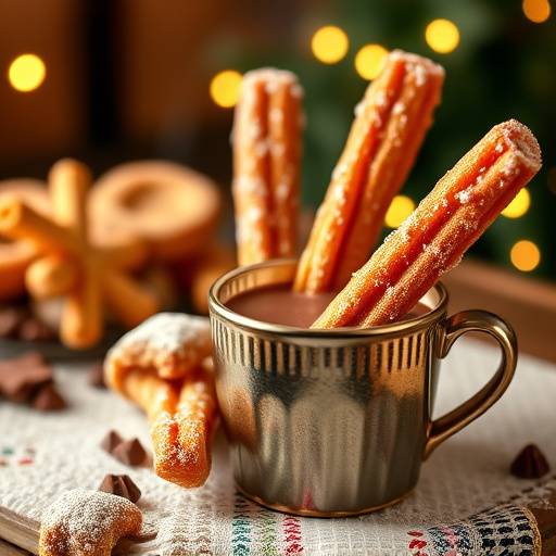 Un plato de churros con chocolate caliente.