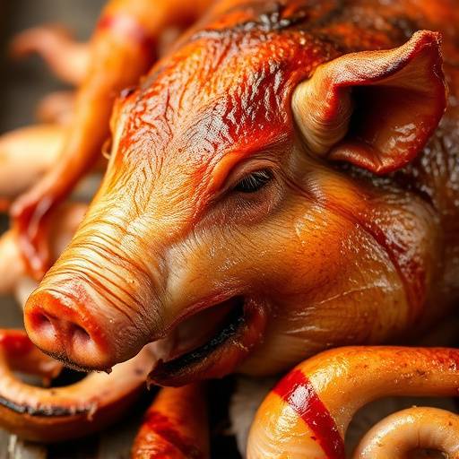 Un plato de cochinillo asado con piel crujiente.