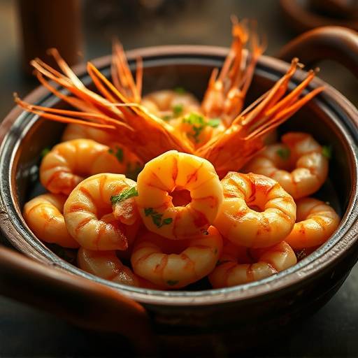 Un plato de gambas al ajillo servidas en una cazuela de barro.