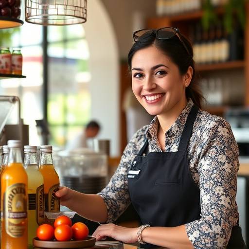 Una camarera sonriente tomando nota de un pedido en Sabores de Espa&ntilde;a, animando a la comunicaci&oacute;n.